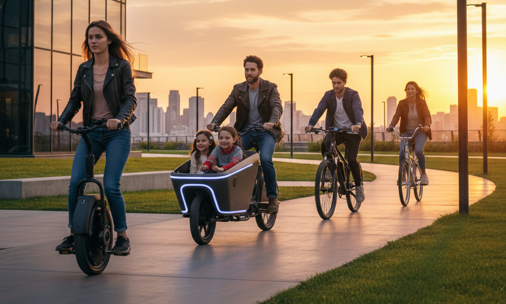 eople riding various electric personal vehicles, including an electric unicycle, a cargo e-bike with children, and other electric bicycles, on a path at sunset with a city skyline in the background.